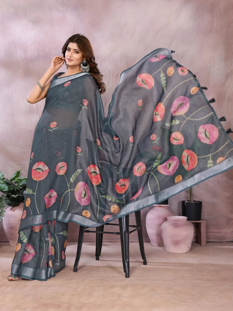 Charcoal Grey Floral Digital Print Soft Linen Saree