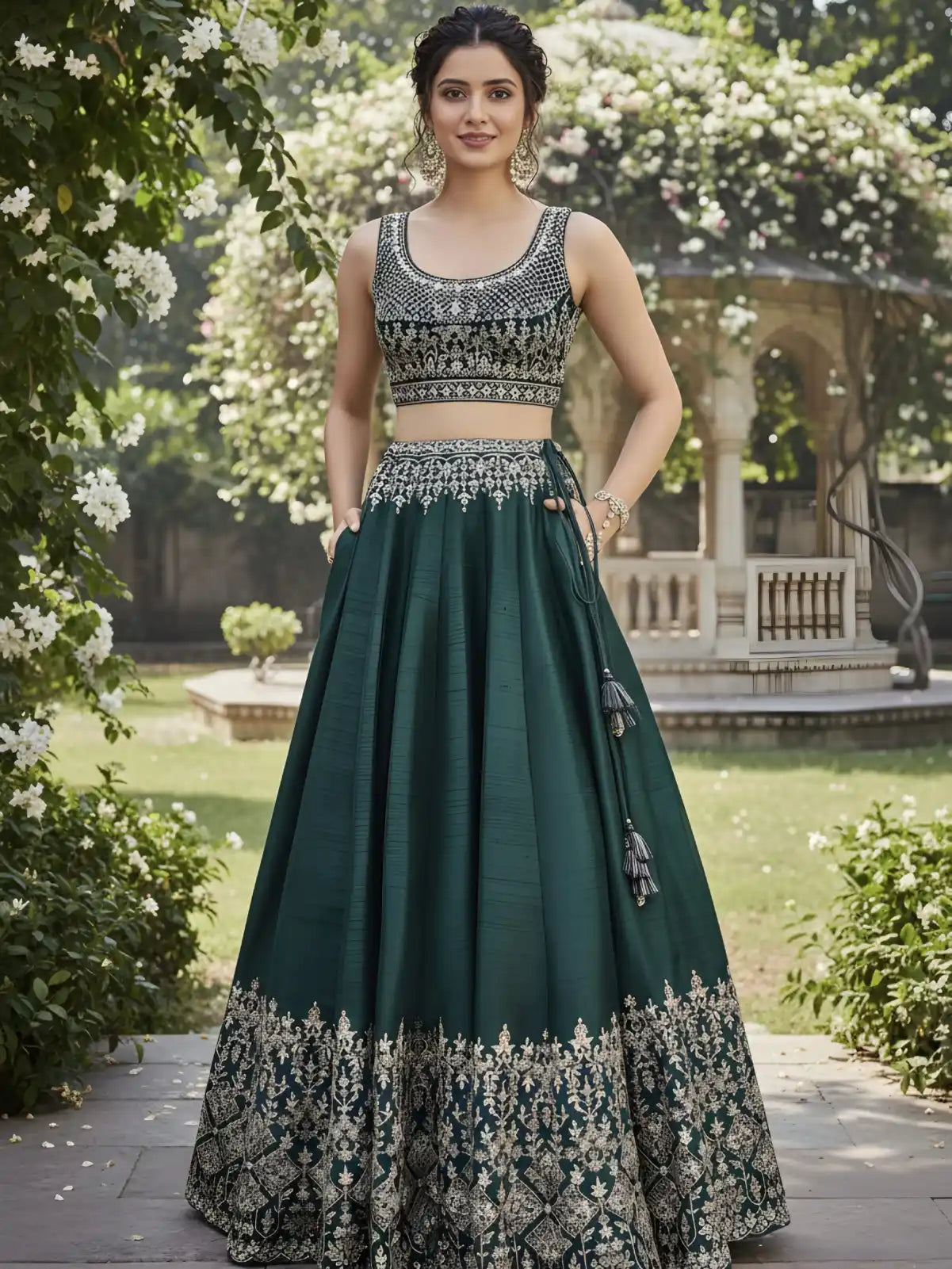Woman in a green and silver embroidered dress standing in a garden.