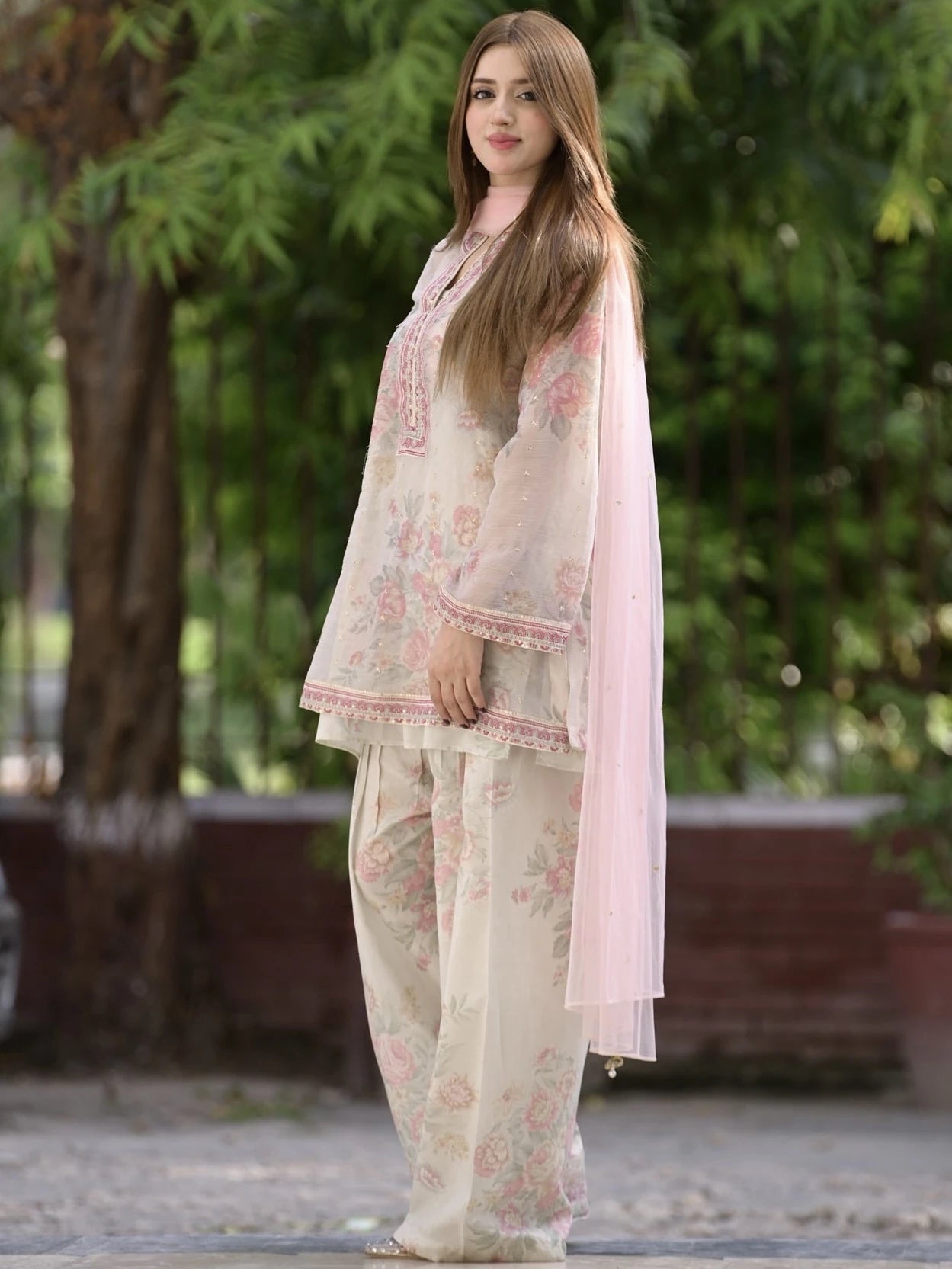 Ivory Floral Print Pure Georgette Palazzo Set