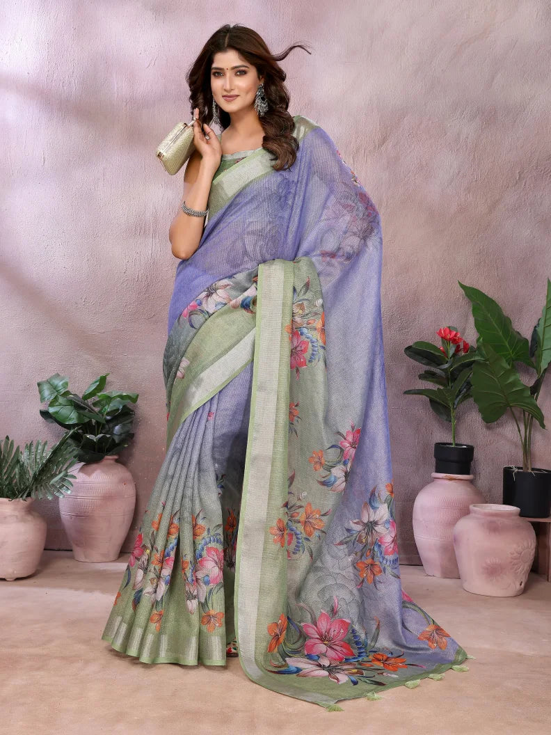 Lavender Green Digital Floral Soft Linen Saree
