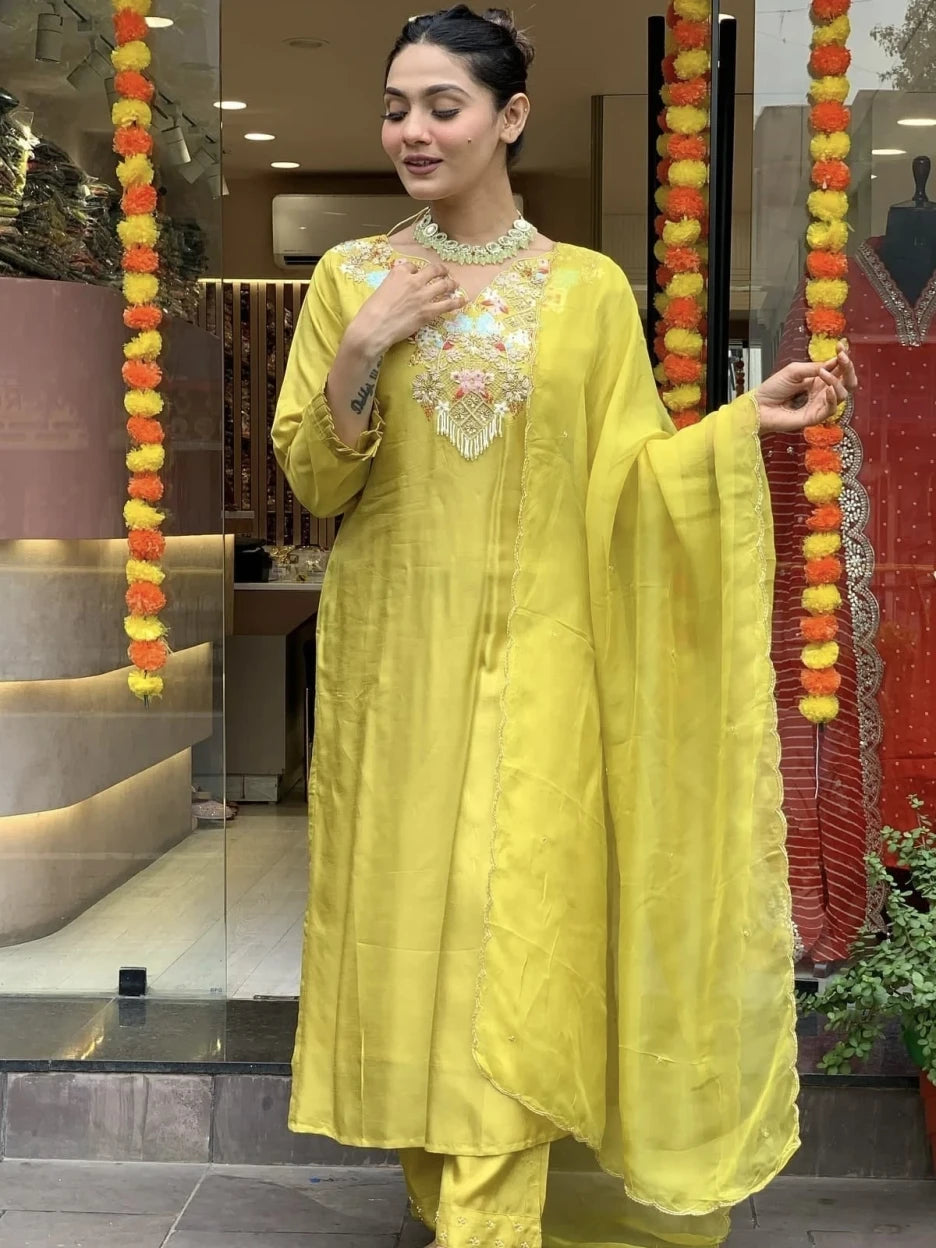 Lime Yellow Embroidered Chanderi Silk Straight Suit
