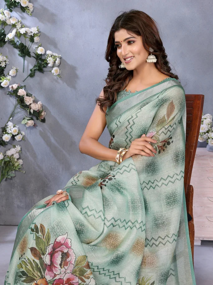 Woman wearing a floral saree with a gray background