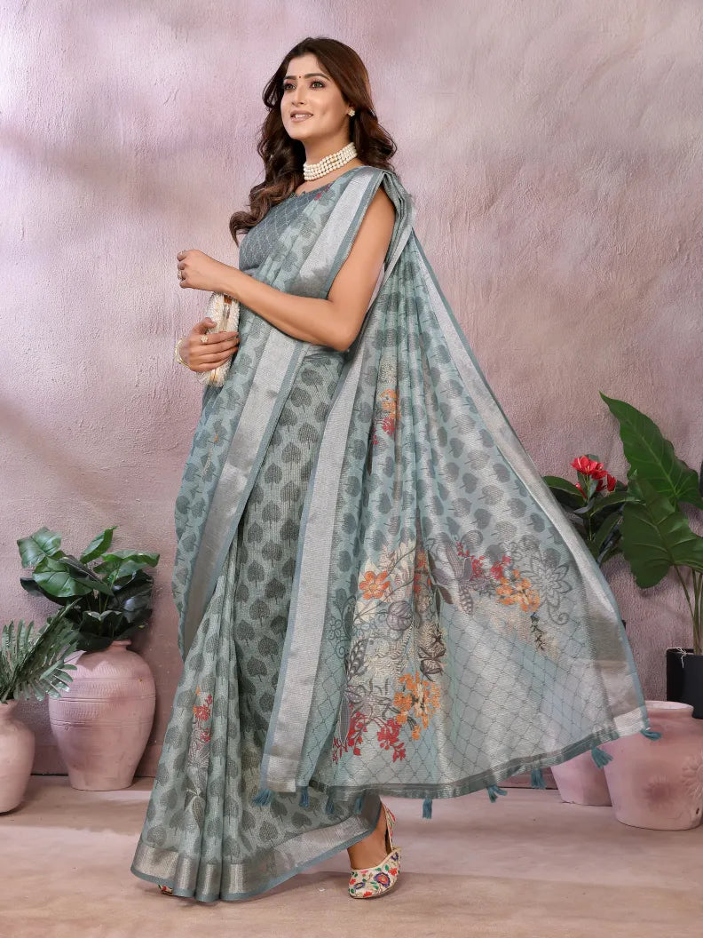 Mist Grey Batik Digital Print Soft Linen Saree