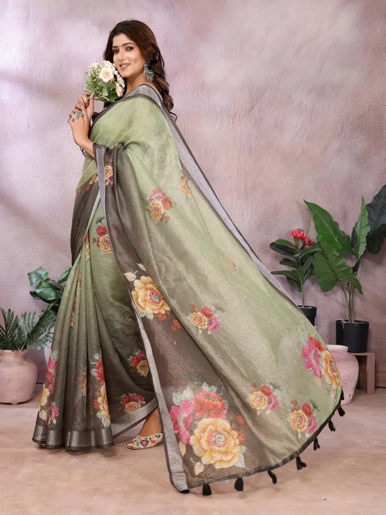 Olive Black Digital Floral Soft Linen Saree