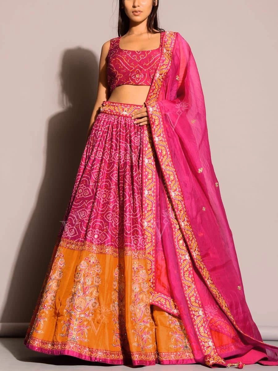 Pink & Orange Bandhani Embroidered Satin Silk Lehenga