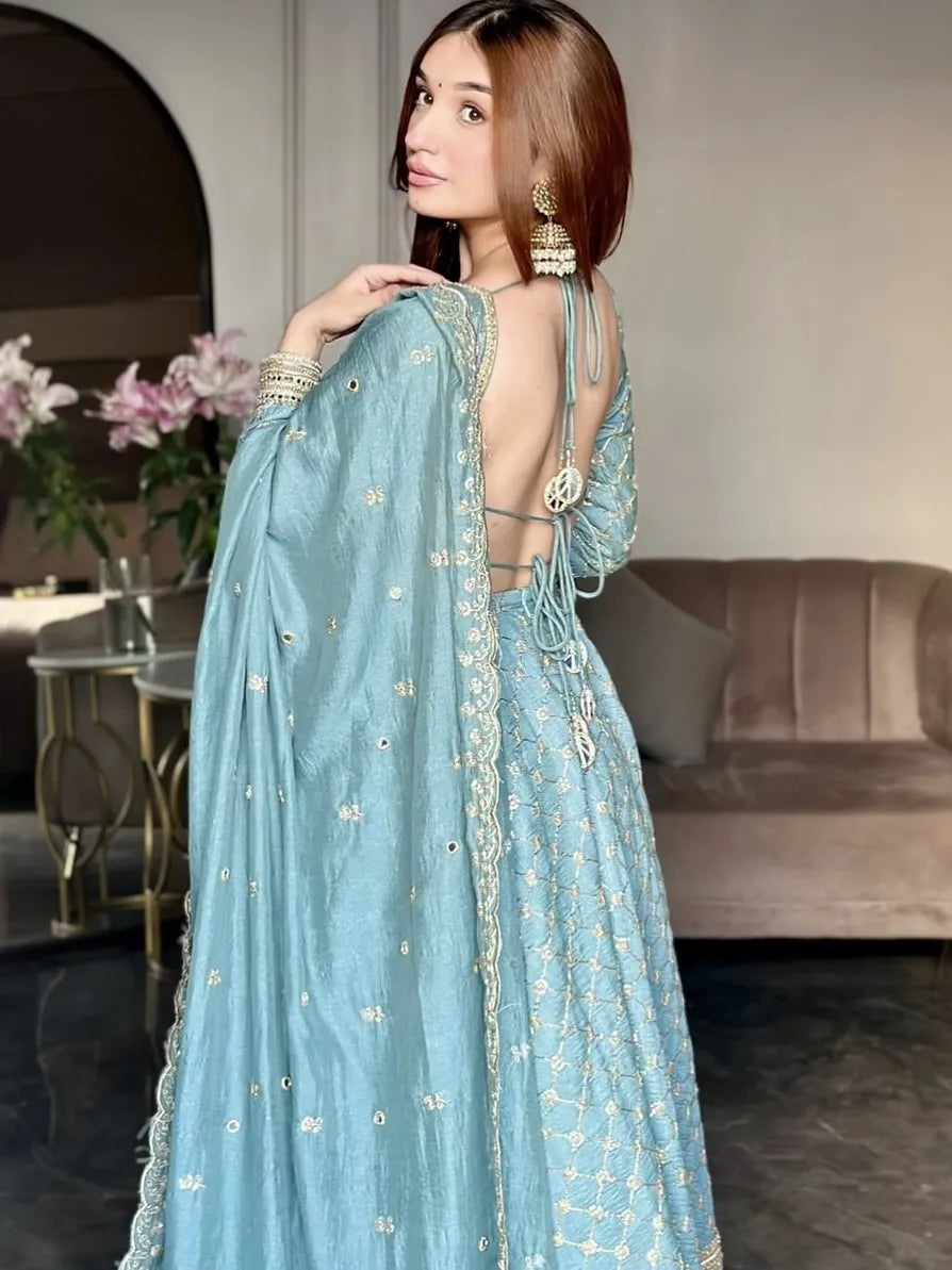 Woman in a light blue saree with intricate designs in an indoor setting