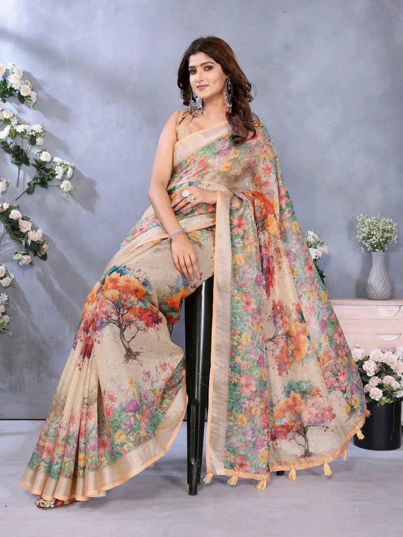 Woman wearing a floral saree with a gray background
