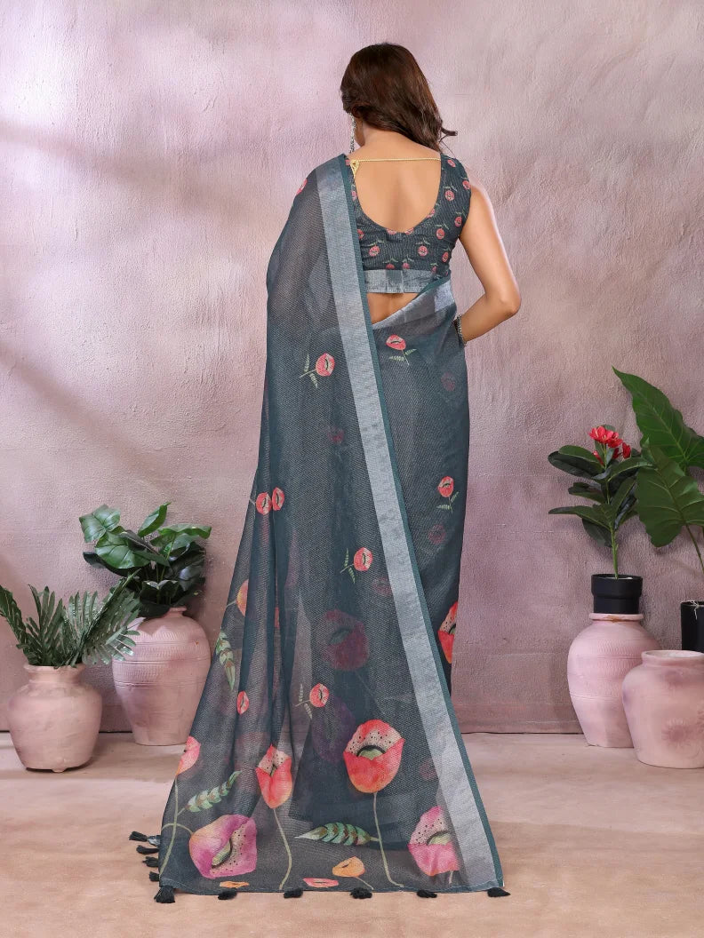 Charcoal Grey Floral Digital Print Soft Linen Saree