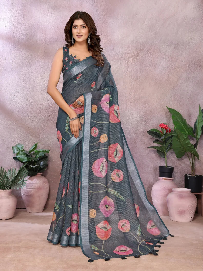 Charcoal Grey Floral Digital Print Soft Linen Saree