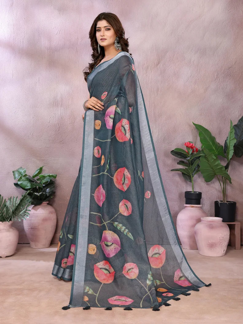 Charcoal Grey Floral Digital Print Soft Linen Saree