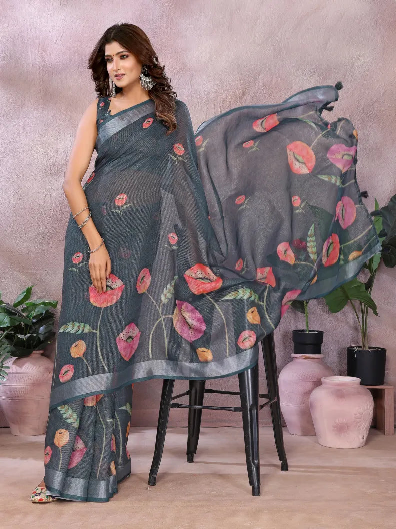 Charcoal Grey Floral Digital Print Soft Linen Saree