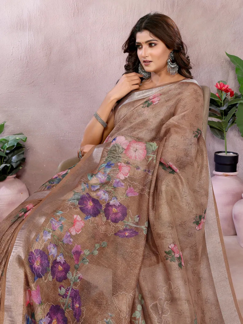 Coffee Brown Digital Floral Soft Linen Saree