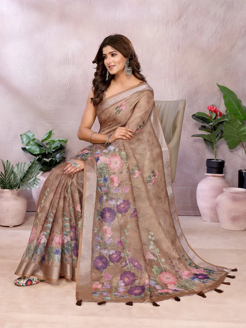 Coffee Brown Digital Floral Soft Linen Saree