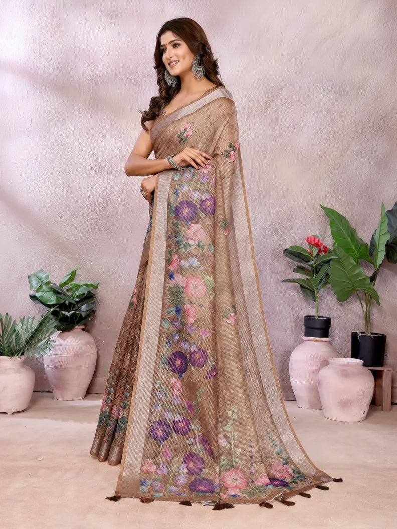 Coffee Brown Digital Floral Soft Linen Saree