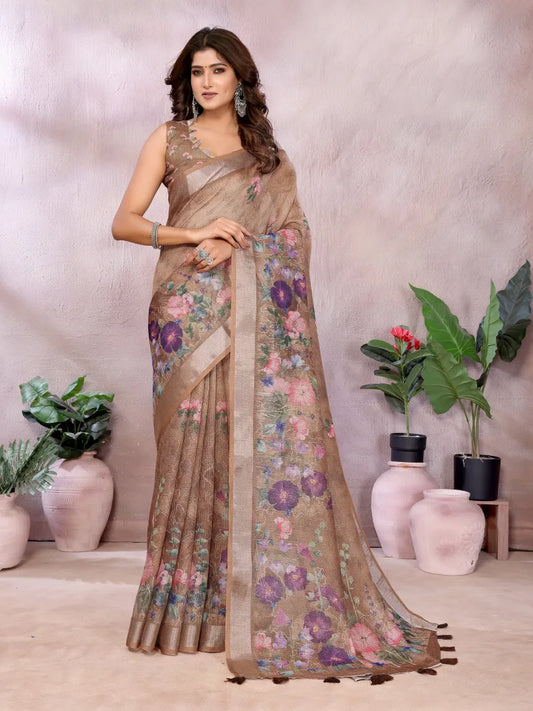 Coffee Brown Digital Floral Soft Linen Saree
