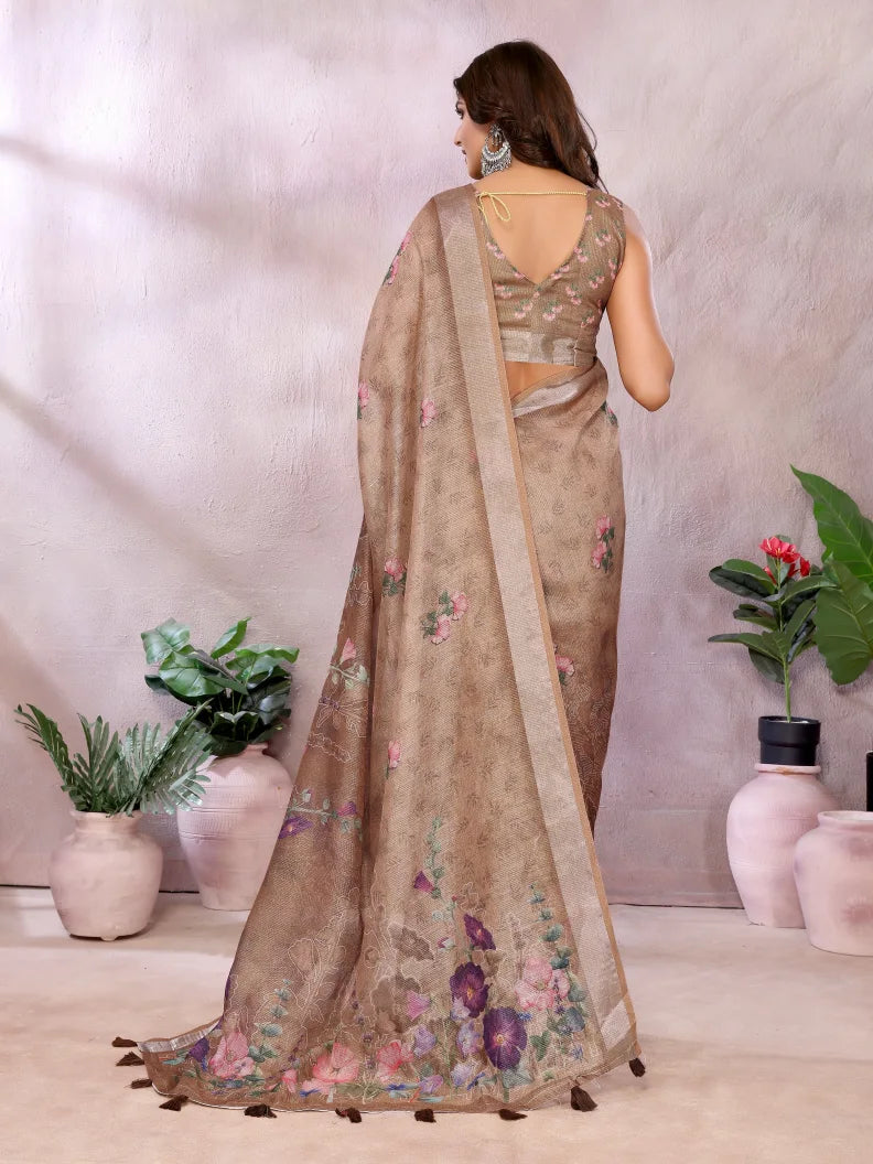 Coffee Brown Digital Floral Soft Linen Saree