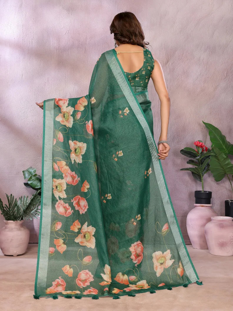 Emerald Green Floral Print Soft Linen Saree