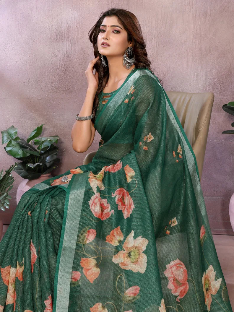 Emerald Green Floral Print Soft Linen Saree