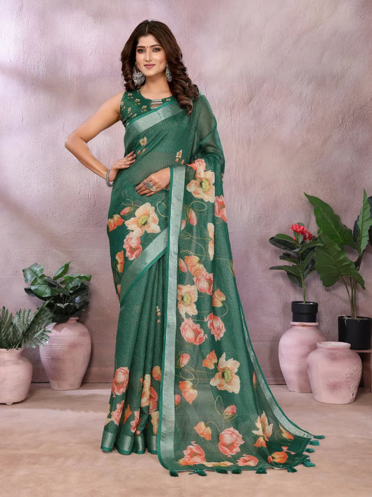 Emerald Green Floral Print Soft Linen Saree