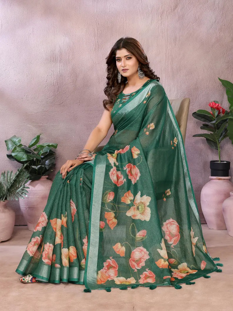 Emerald Green Floral Print Soft Linen Saree