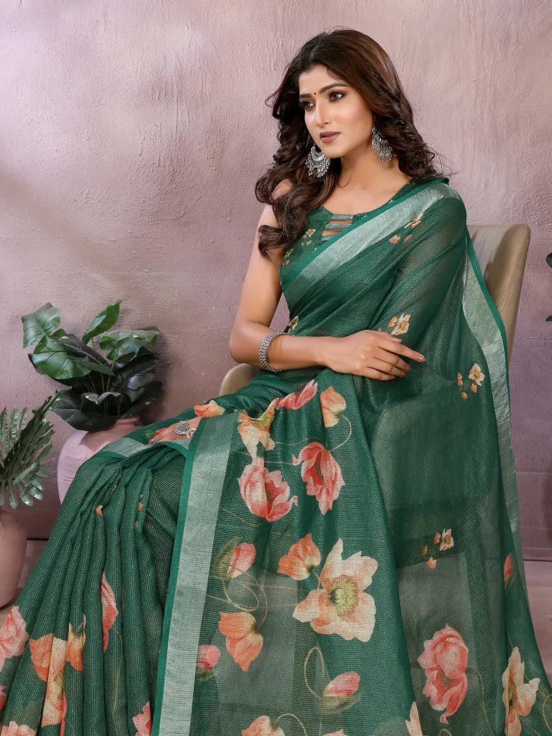 Emerald Green Floral Print Soft Linen Saree