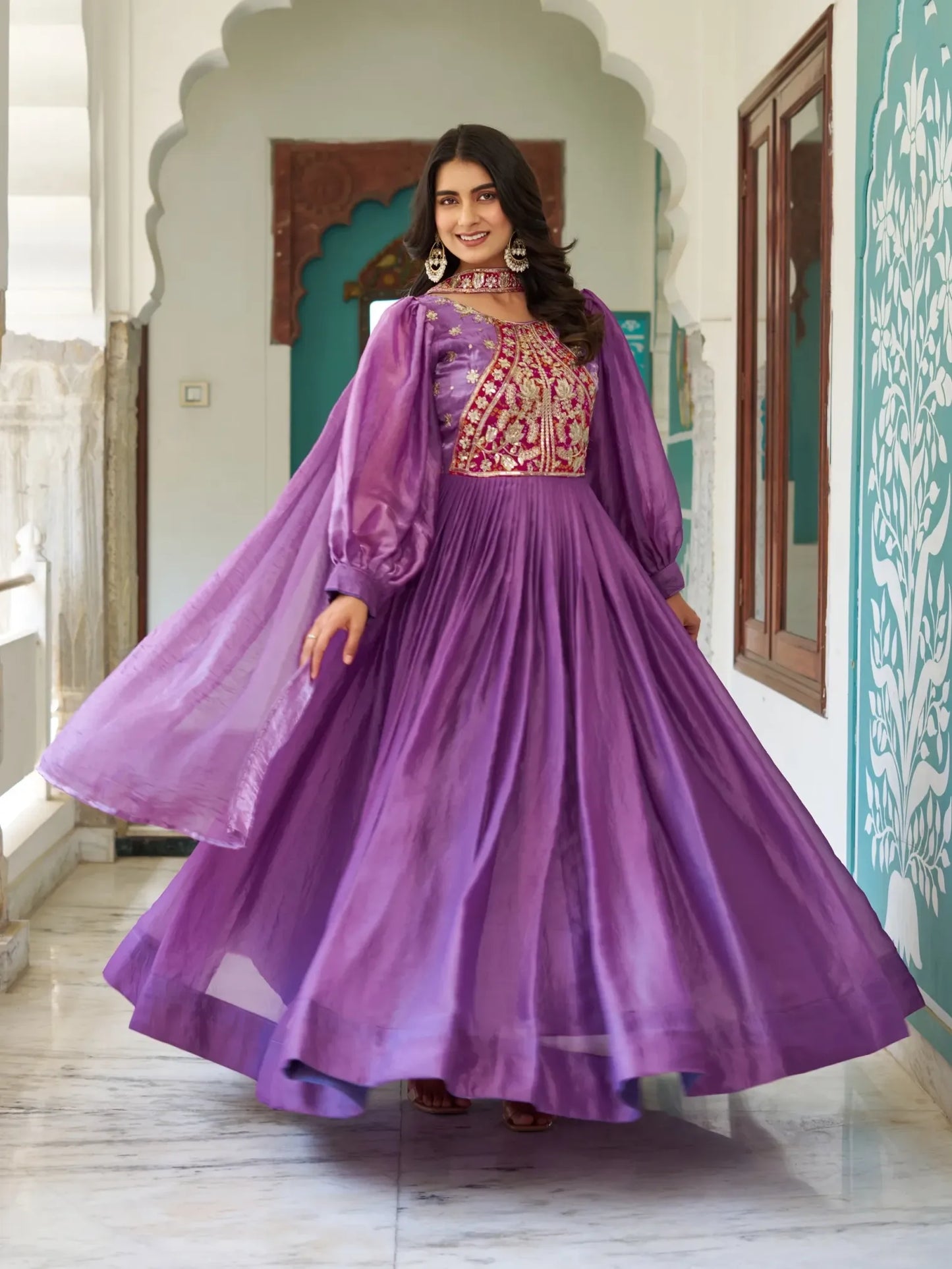 Fendy Silk Heavy Embroidered Flared Anarkali Suit RENWICH Fendy Silk Heavy Embroidered Flared Anarkali Suit RENWICH