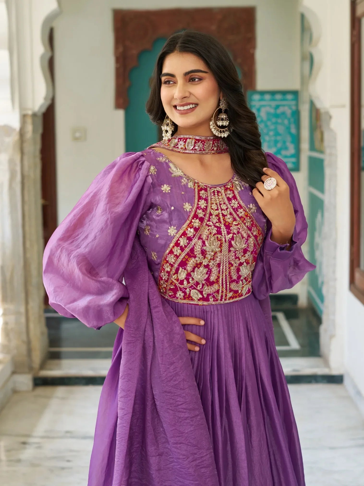 heavy flared anarkali dress Mihika Blue Georgette Flared Anarkali Suit Set subhvastra