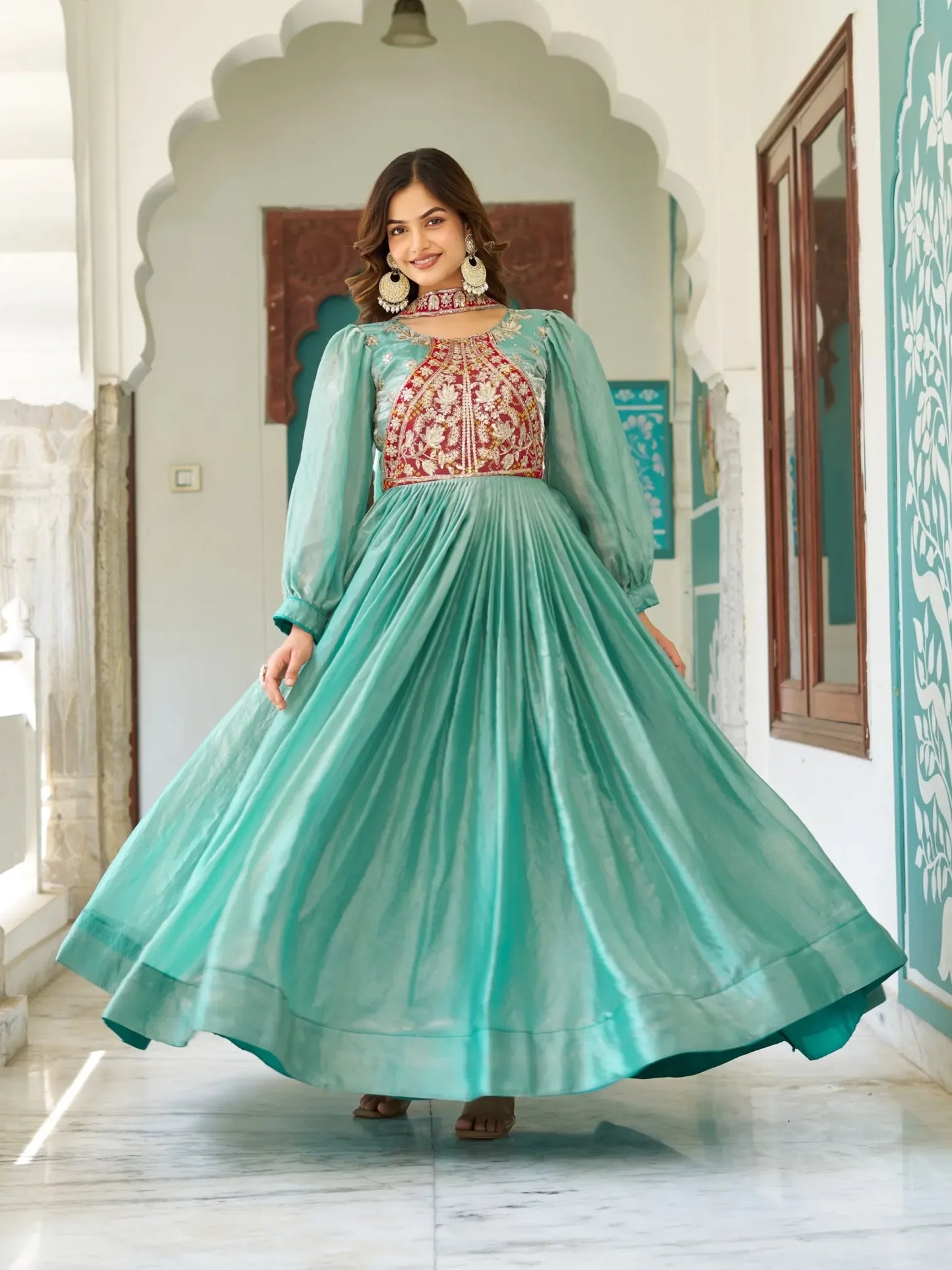 Fendy Silk Heavy Embroidered Flared Anarkali Suit RENWICH Fendy Silk Heavy Embroidered Flared Anarkali Suit RENWICH