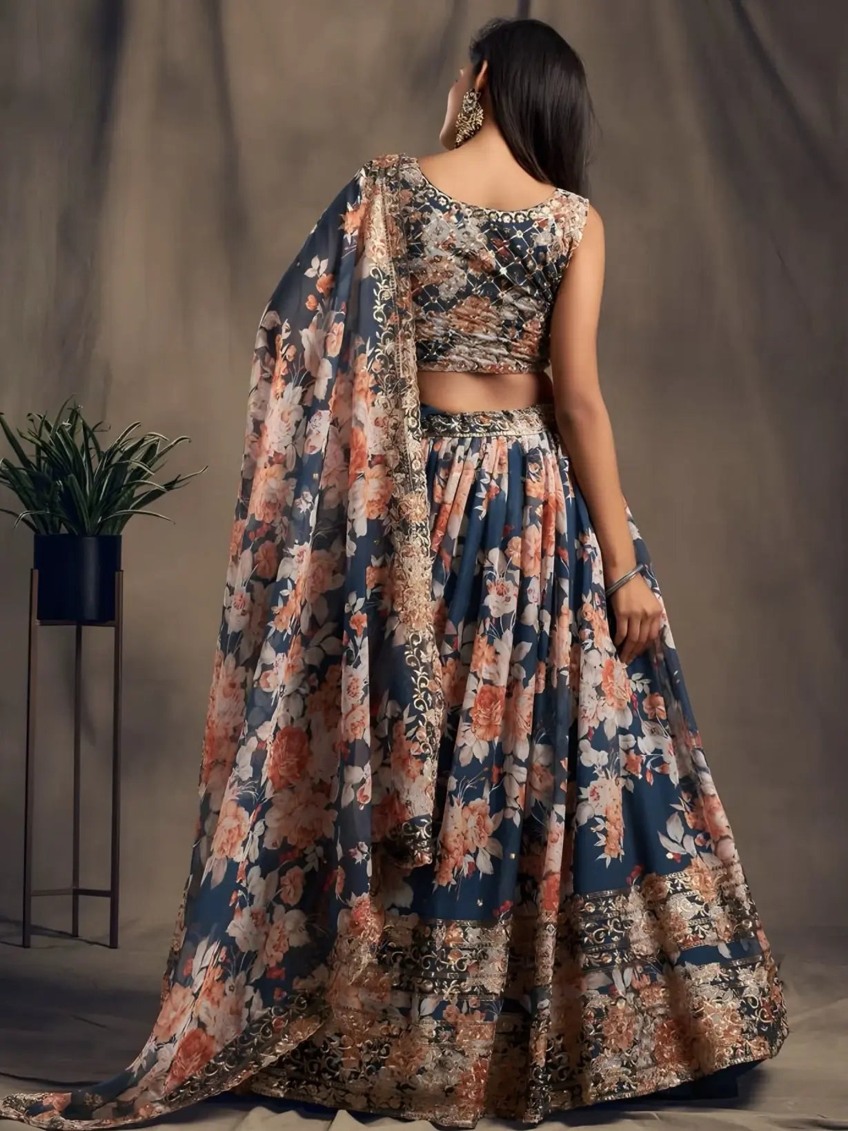 Woman wearing a floral traditional outfit with a plain background