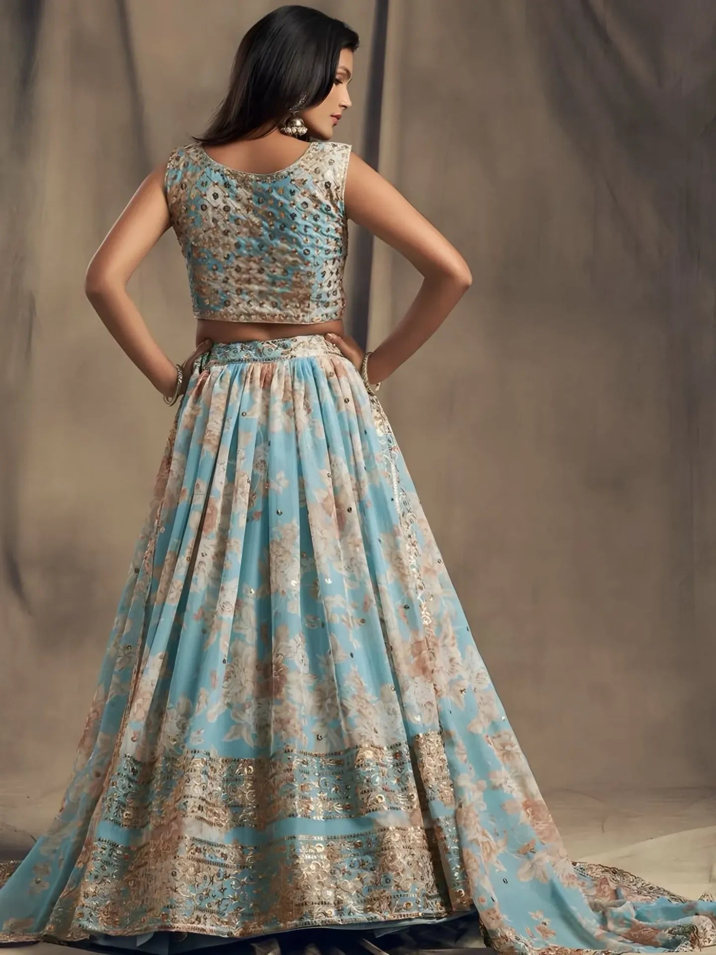 Woman wearing a floral dress with a neutral background