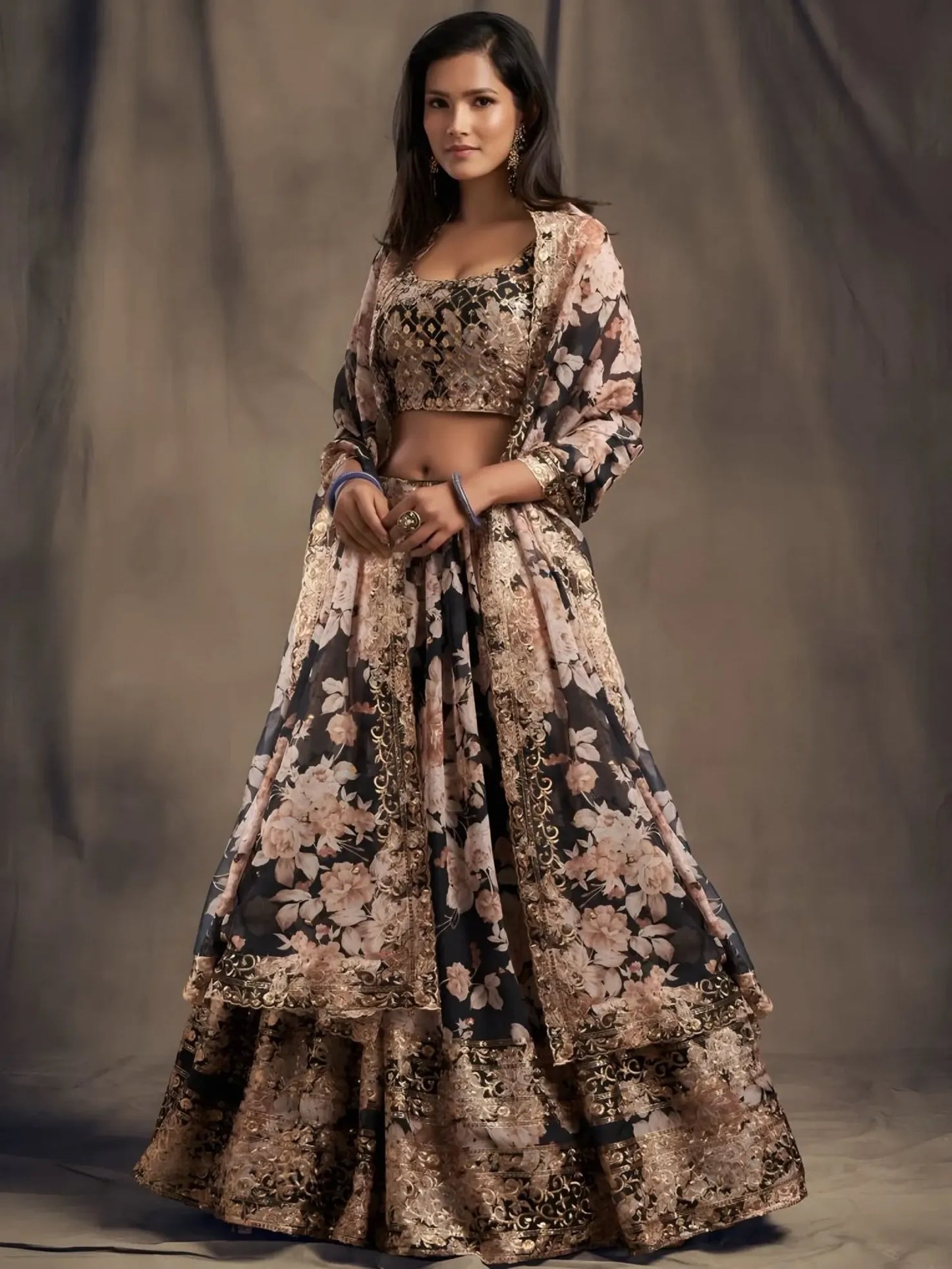 Woman wearing a floral dress with a plain background
