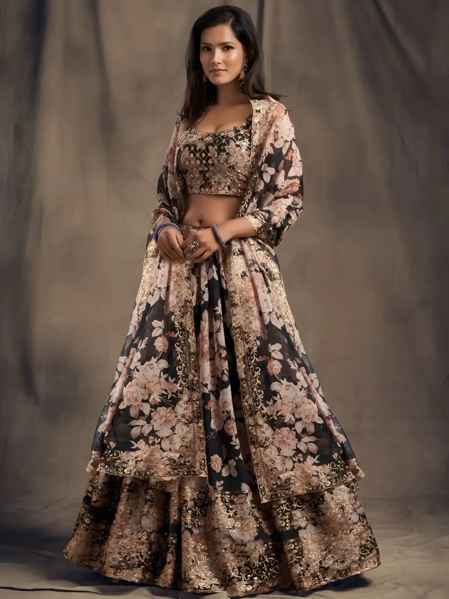 Woman wearing a floral dress with a plain background