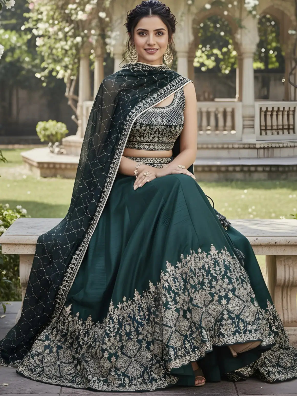 Woman in a dark green traditional outfit with white patterns sitting outdoors.