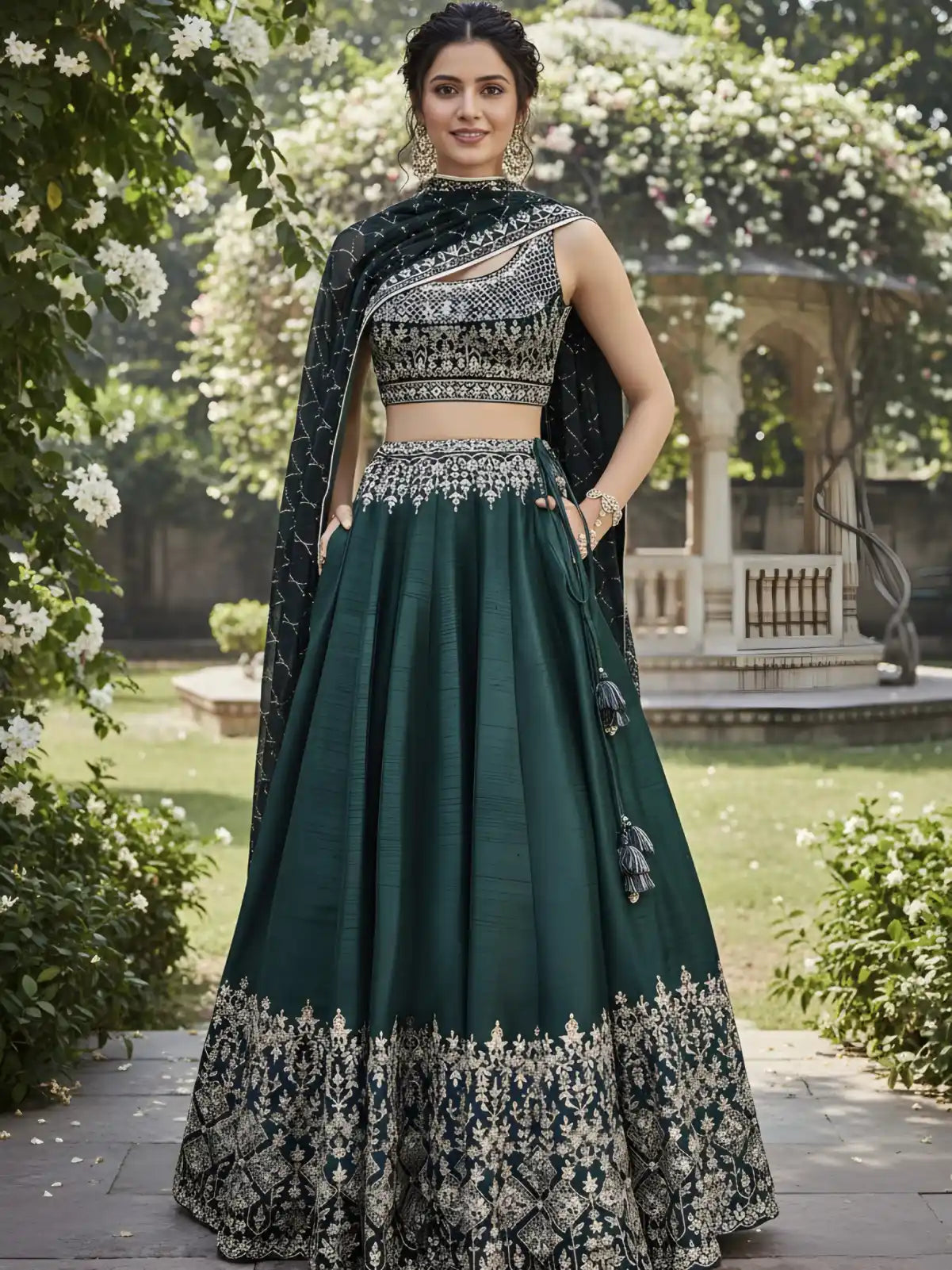 Woman in a traditional outfit with green and black design in a garden setting