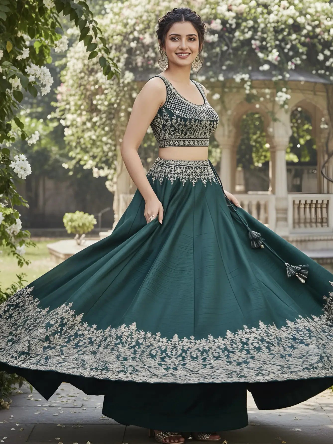 Woman in a green and silver embroidered traditional outfit standing in a garden.