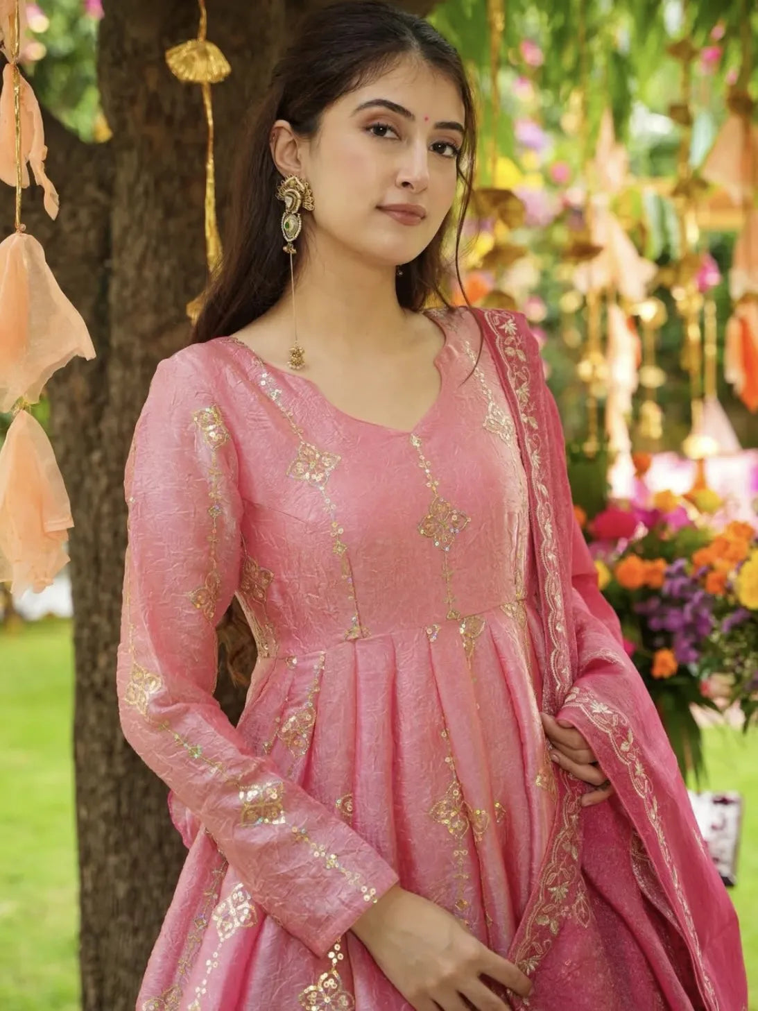 Embroidered Crunchy Silk Anarkali Set