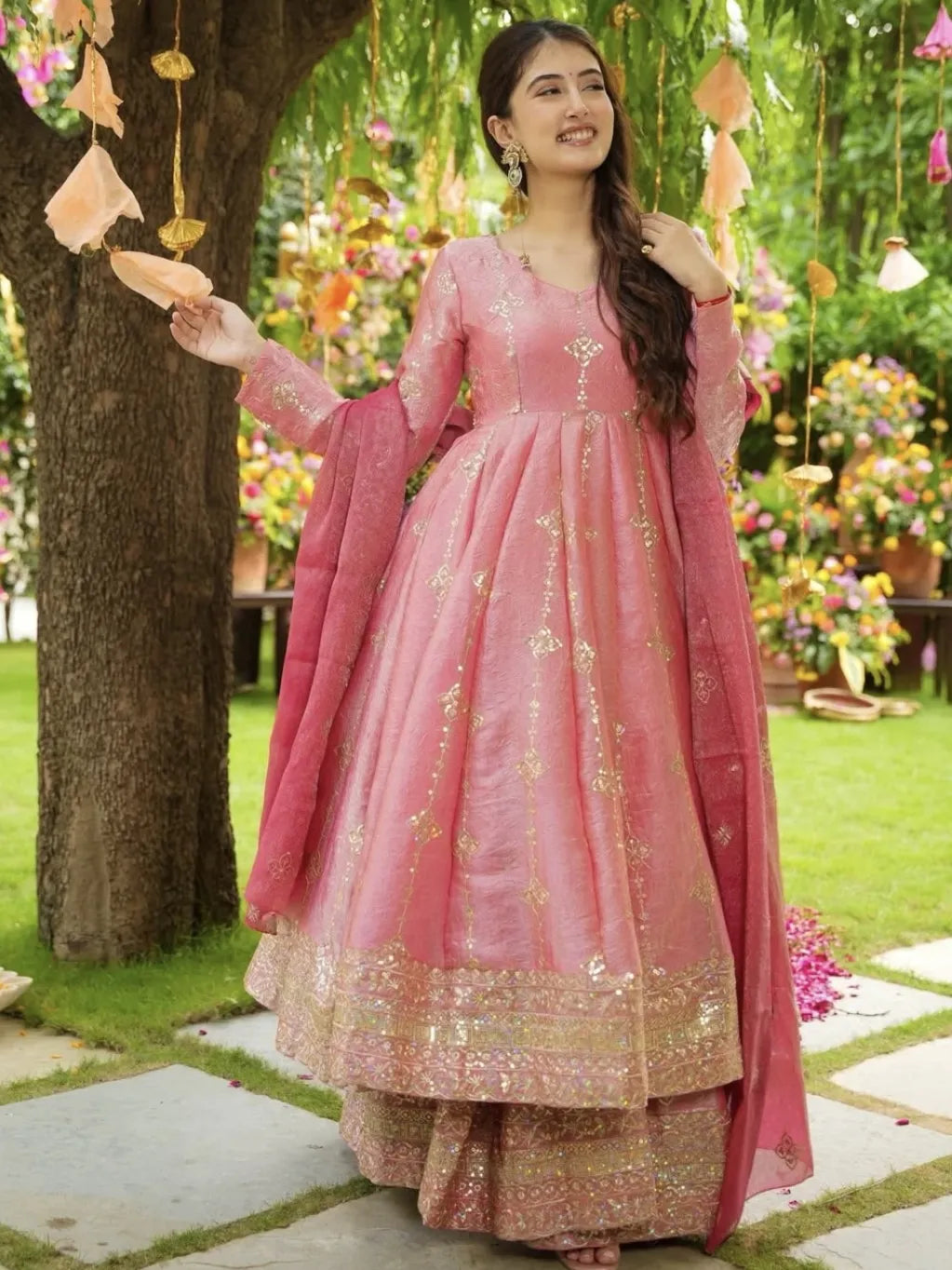 Embroidered Crunchy Silk Anarkali Set