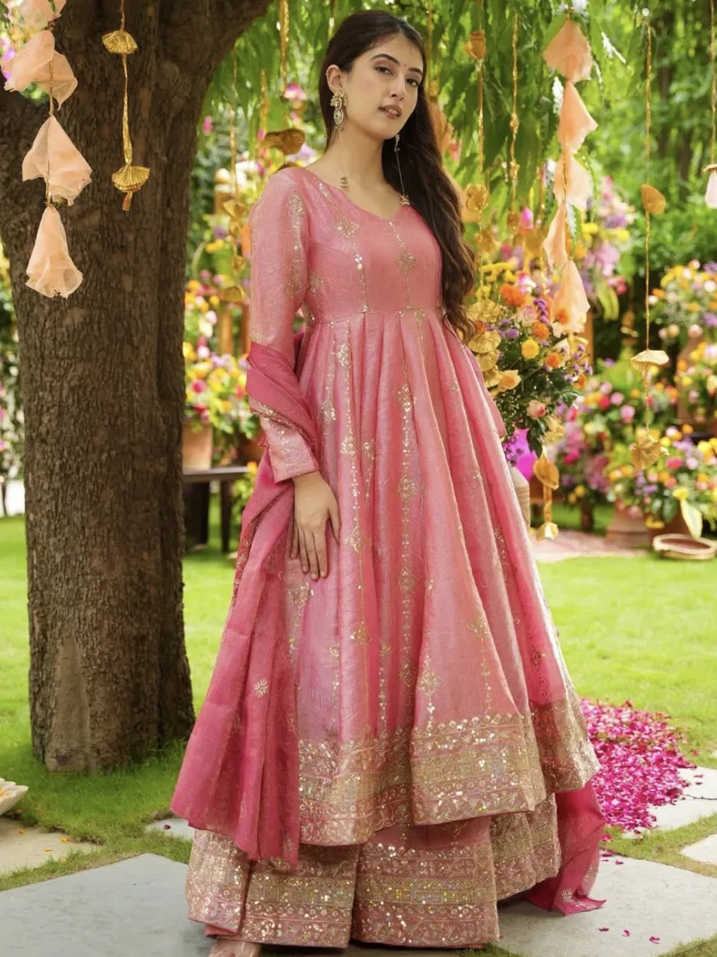 Embroidered Crunchy Silk Anarkali Set