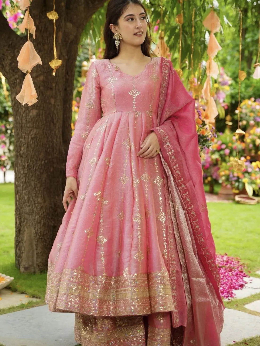 Embroidered Crunchy Silk Anarkali Set