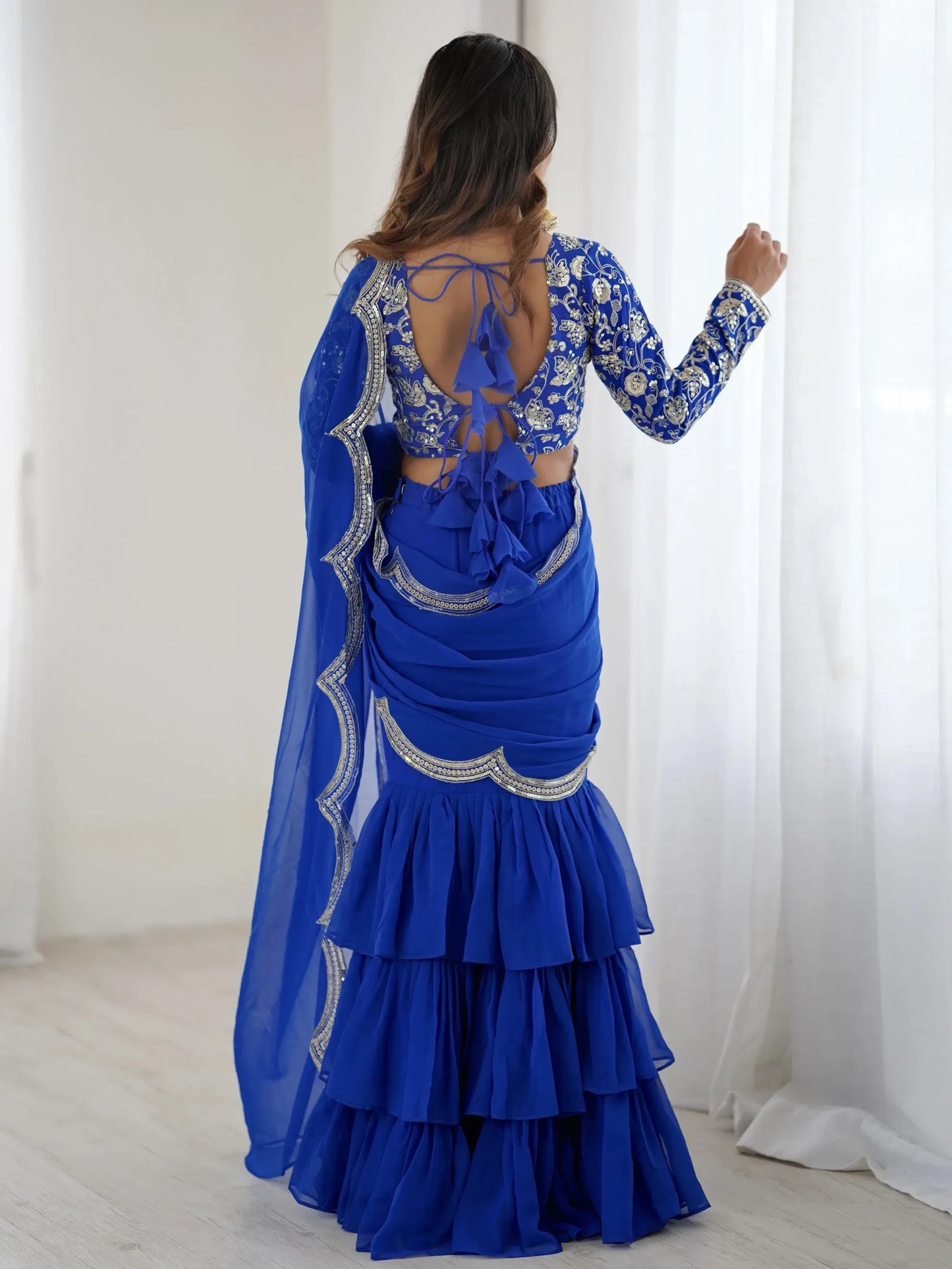 Embroidered Faux Georgette Ruffle Saree