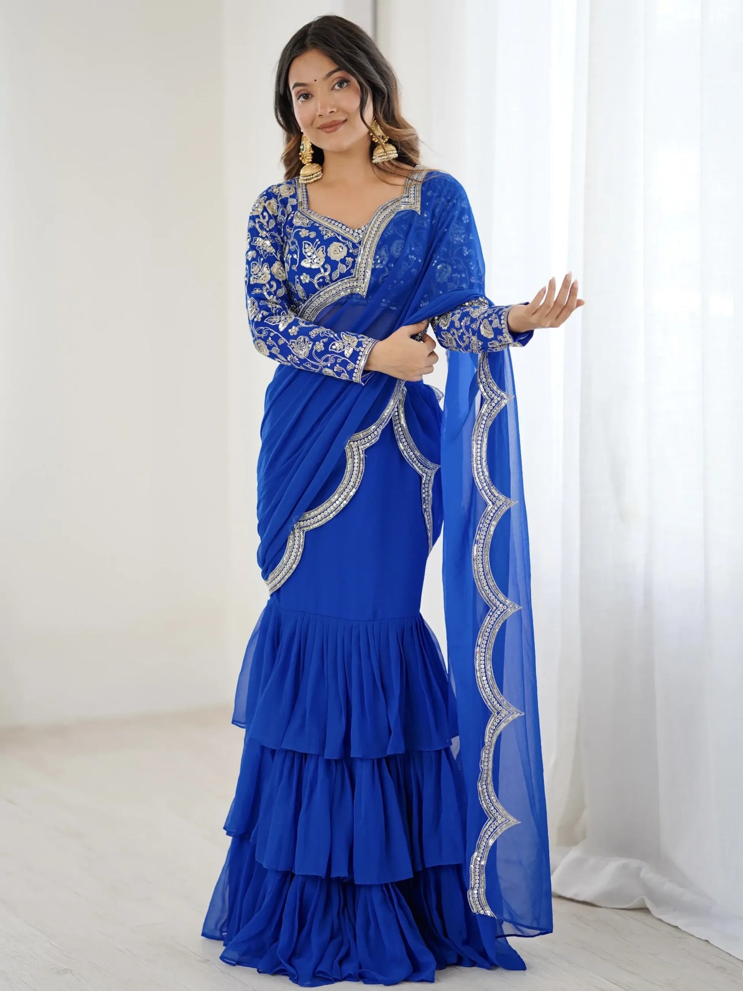 Embroidered Faux Georgette Ruffle Saree