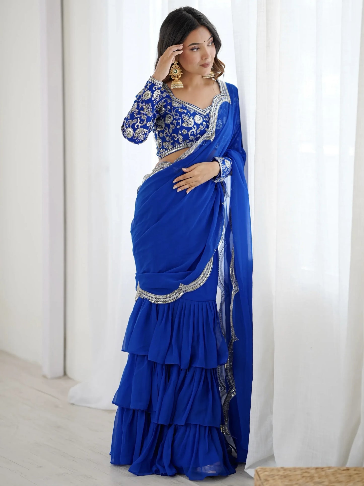 Embroidered Faux Georgette Ruffle Saree