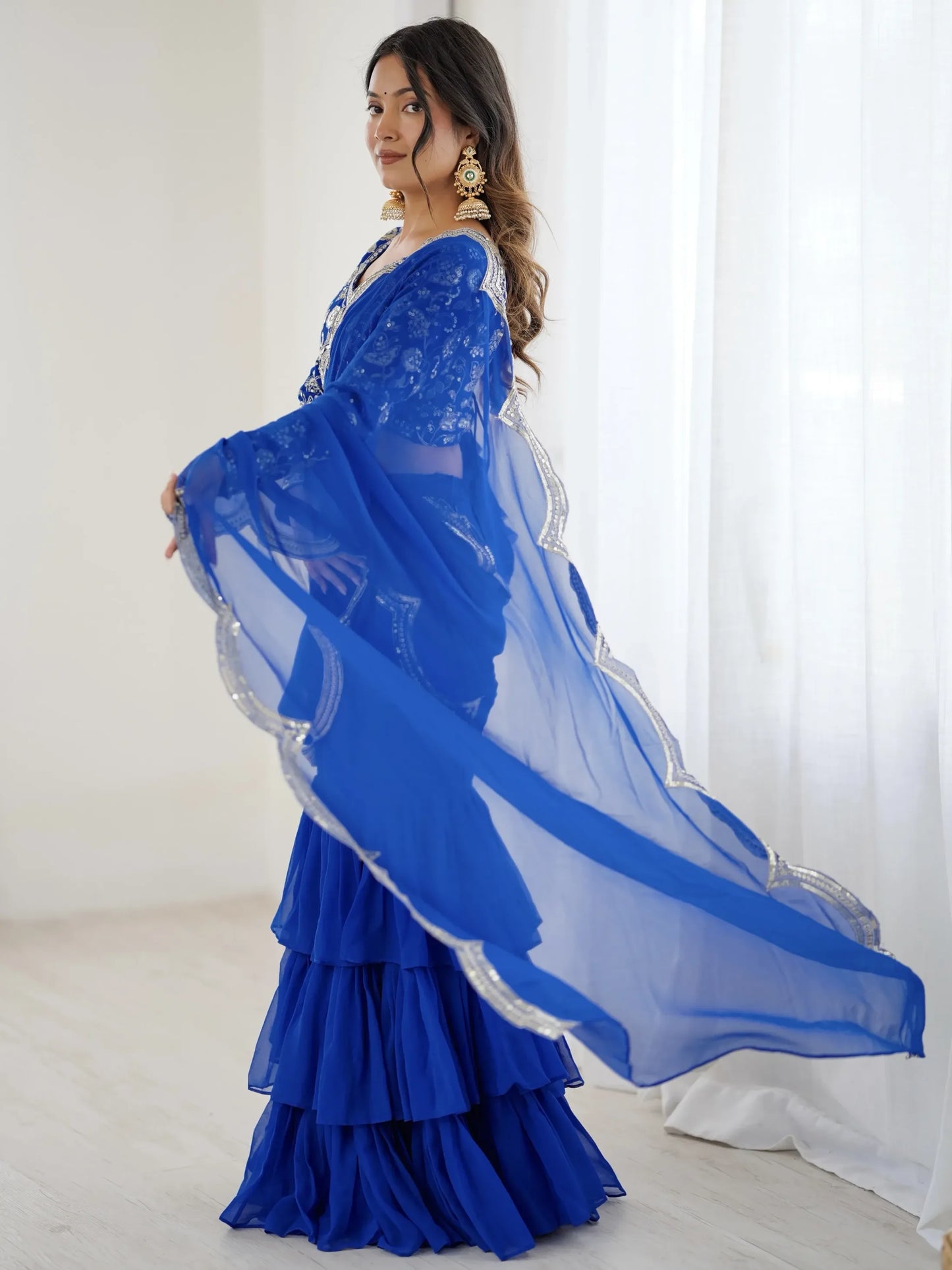 Embroidered Faux Georgette Ruffle Saree