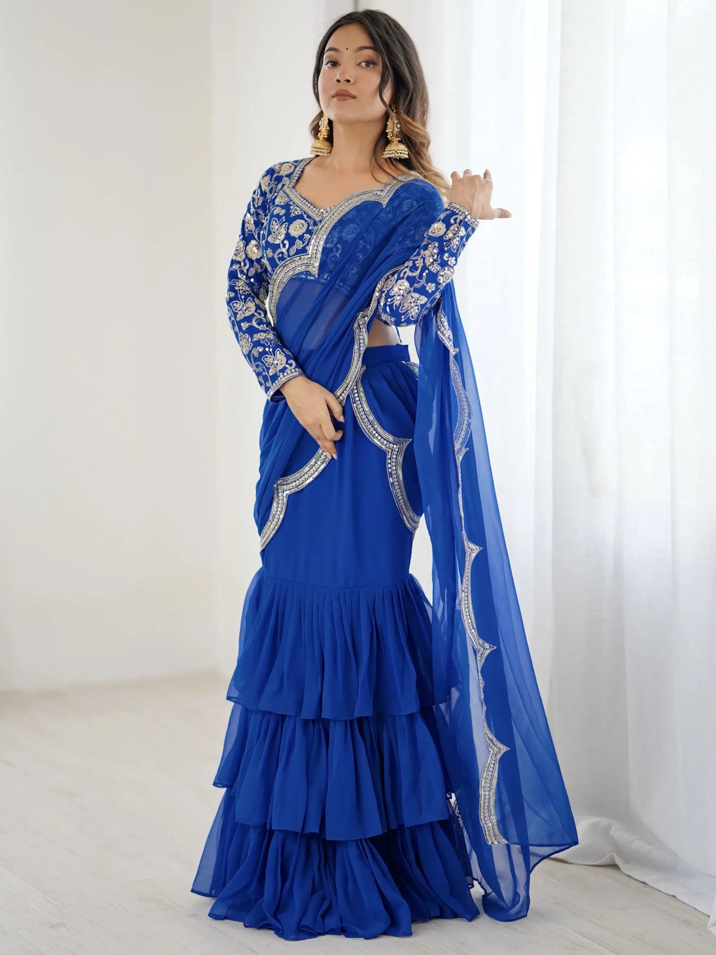 Embroidered Faux Georgette Ruffle Saree