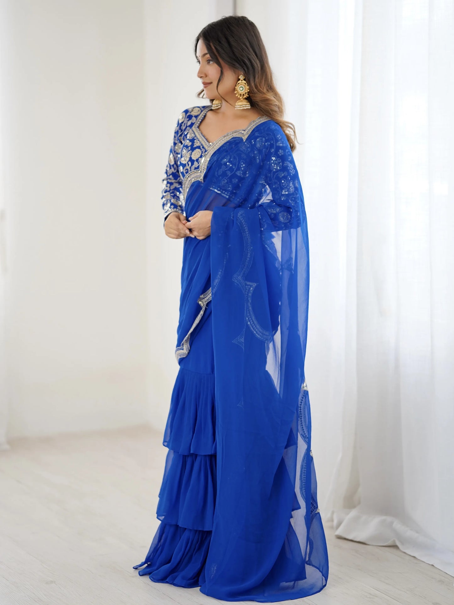 Embroidered Faux Georgette Ruffle Saree