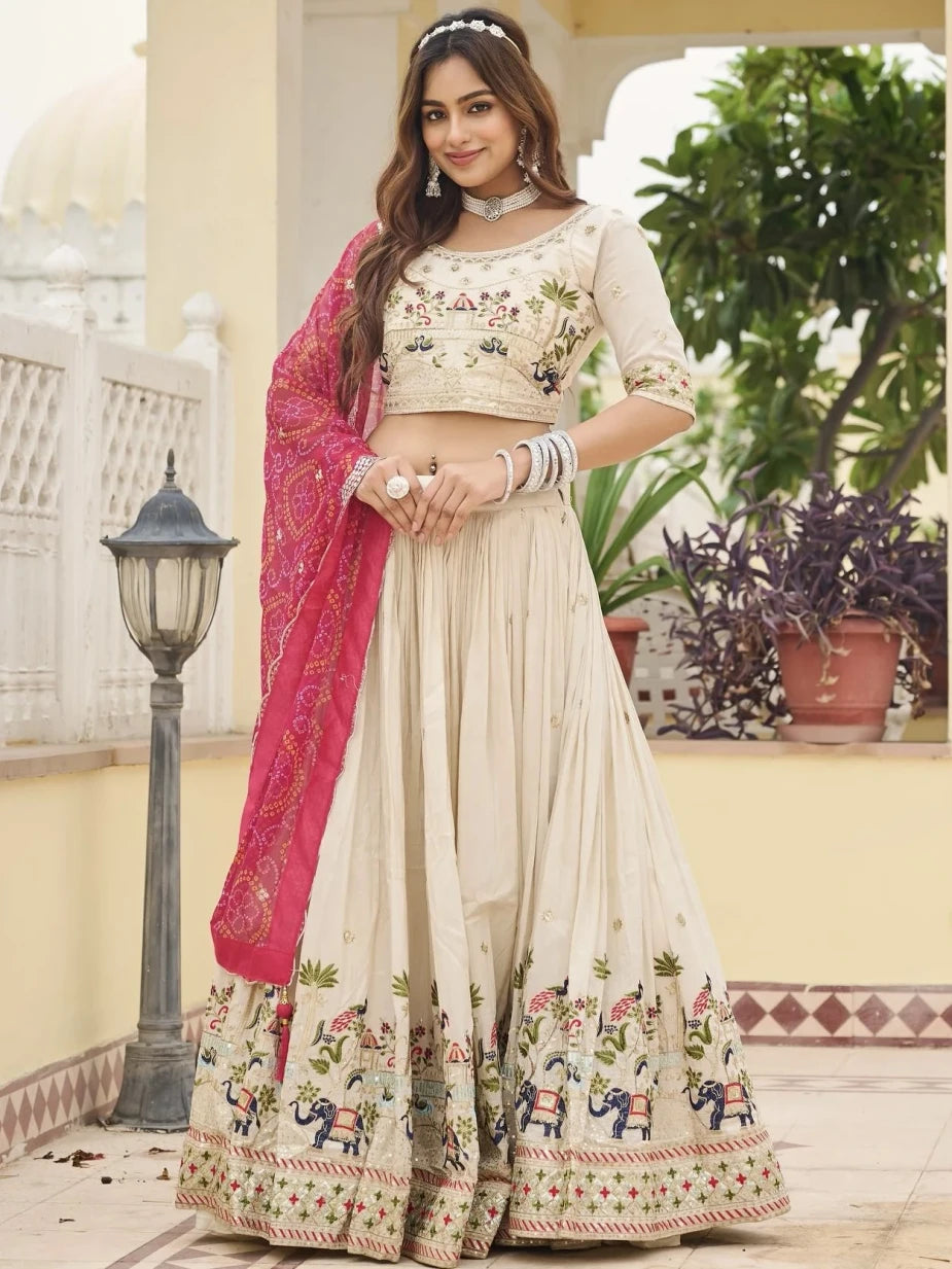 Woman wearing a traditional outfit with floral patterns in an outdoor setting