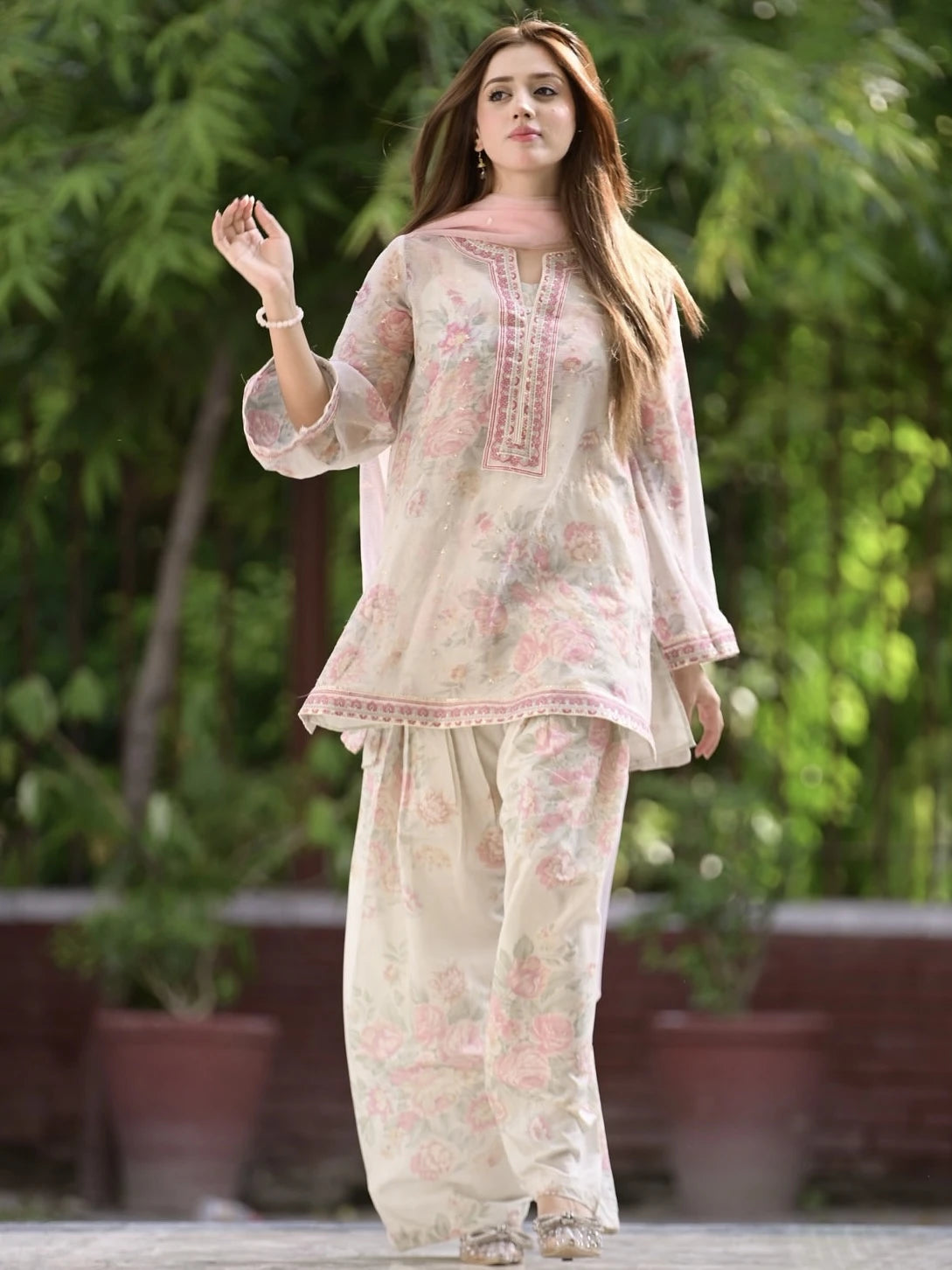 Ivory Floral Print Pure Georgette Palazzo Set