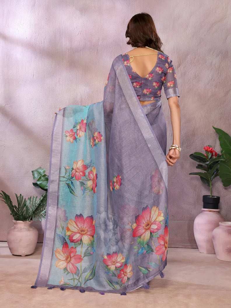 Lavender Blue Floral Print Soft Linen Saree