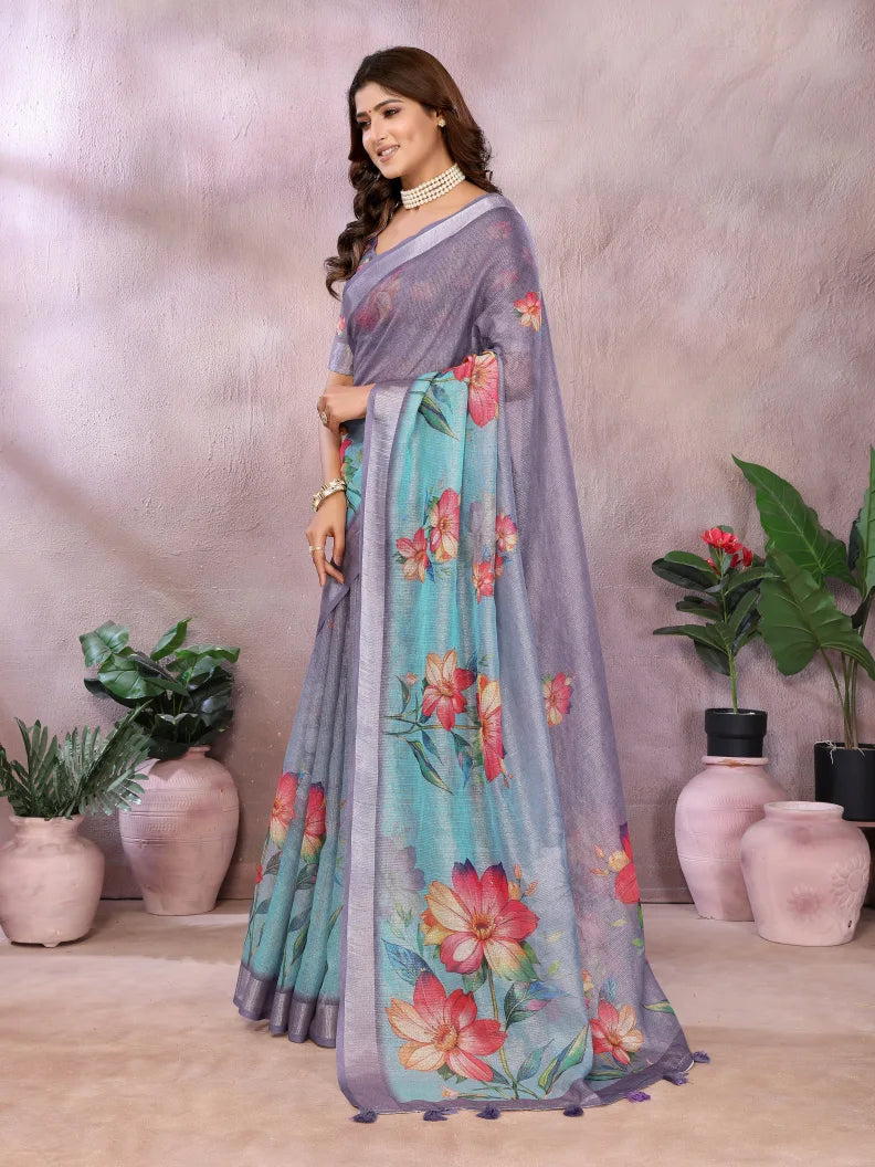 Lavender Blue Floral Print Soft Linen Saree