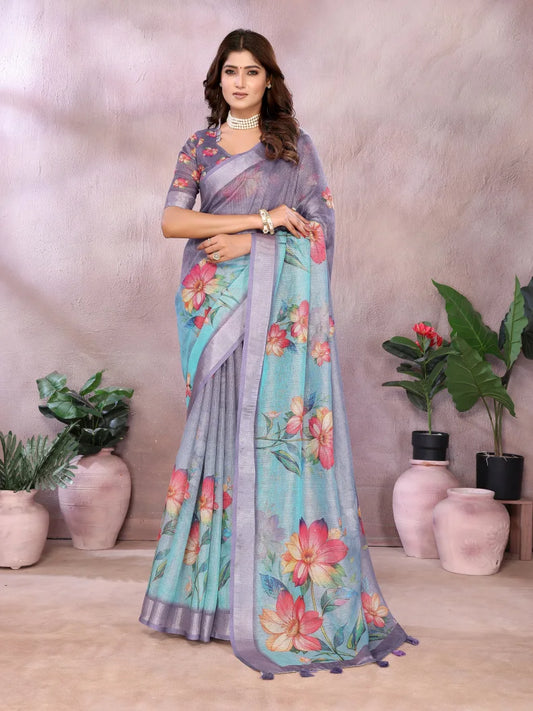 Lavender Blue Floral Print Soft Linen Saree